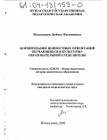 Михальцова, Любовь Филипповна. Формирование ценностных ориентаций обучающихся в культурно-образовательной среде школы: дис. кандидат педагогических наук: 13.00.01 - Общая педагогика, история педагогики и образования. Новокузнецк. 2003. 185 с.