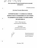 Логачева, Татьяна Николаевна. Формирование у старшеклассников ценностного отношения к культурным традициям в обучении гуманитарным дисциплинам: дис. кандидат педагогических наук: 13.00.01 - Общая педагогика, история педагогики и образования. Волгоград. 2004. 202 с.