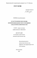 Есипова, Елена Викторовна. Культурологические основы формирования ценностного отношения к педагогической профессии: дис. кандидат педагогических наук: 13.00.08 - Теория и методика профессионального образования. Ростов-на-Дону. 2007. 186 с.