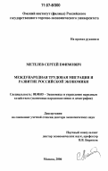 Метелев, Сергей Ефимович. Международная трудовая миграция и развитие российской экономики: дис. доктор экономических наук: 08.00.05 - Экономика и управление народным хозяйством: теория управления экономическими системами; макроэкономика; экономика, организация и управление предприятиями, отраслями, комплексами; управление инновациями; региональная экономика; логистика; экономика труда. Москва. 2006. 338 с.