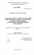 Малиновская, Марина Павловна. Педагогические условия организации совместной деятельности взрослых и младших дошкольников в учреждениях дополнительного образования: дис. кандидат педагогических наук: 13.00.01 - Общая педагогика, история педагогики и образования. Новосибирск. 2006. 175 с.