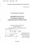 Тихонова, Валерия Александровна. Политическая культура российского общества: Социально-философский аспект: дис. доктор философских наук: 24.00.01 - Теория и история культуры. Москва. 2002. 210 с.