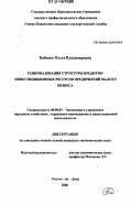 Бабенко, Ольга Владимировна. Рационализация структуры кредитно-инвестиционных ресурсов предприятий малого бизнеса: дис. кандидат экономических наук: 08.00.05 - Экономика и управление народным хозяйством: теория управления экономическими системами; макроэкономика; экономика, организация и управление предприятиями, отраслями, комплексами; управление инновациями; региональная экономика; логистика; экономика труда. Ростов-на-Дону. 2006. 180 с.