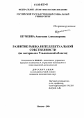 Шумкина, Анастасия Александровна. Развитие рынка интеллектуальной собственности: На материалах Ульяновской области: дис. кандидат экономических наук: 08.00.05 - Экономика и управление народным хозяйством: теория управления экономическими системами; макроэкономика; экономика, организация и управление предприятиями, отраслями, комплексами; управление инновациями; региональная экономика; логистика; экономика труда. Москва. 2006. 193 с.