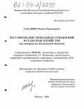 Газалиев, Малик Меджидович. Регулирование земельных отношений в сельском хозяйстве: На материалах Калужской области: дис. кандидат экономических наук: 08.00.05 - Экономика и управление народным хозяйством: теория управления экономическими системами; макроэкономика; экономика, организация и управление предприятиями, отраслями, комплексами; управление инновациями; региональная экономика; логистика; экономика труда. Москва. 2004. 198 с.