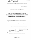 Ковалев, Андрей Михайлович. Реструктуризация как фактор повышения эффективности работы энергетического комплекса: дис. кандидат экономических наук: 08.00.05 - Экономика и управление народным хозяйством: теория управления экономическими системами; макроэкономика; экономика, организация и управление предприятиями, отраслями, комплексами; управление инновациями; региональная экономика; логистика; экономика труда. Астрахань. 2003. 206 с.