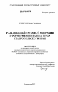 Орлинская, Оксана Геннадьевна. Роль внешней трудовой миграции в формировании рынка труда Ставропольского края: дис. кандидат экономических наук: 08.00.05 - Экономика и управление народным хозяйством: теория управления экономическими системами; макроэкономика; экономика, организация и управление предприятиями, отраслями, комплексами; управление инновациями; региональная экономика; логистика; экономика труда. Ставрополь. 2007. 128 с.