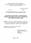 Кузьменкова, Вера Джабраиловна. Совершенствование размещения и специализации сельского хозяйства Российской Федерации: дис. кандидат наук: 08.00.05 - Экономика и управление народным хозяйством: теория управления экономическими системами; макроэкономика; экономика, организация и управление предприятиями, отраслями, комплексами; управление инновациями; региональная экономика; логистика; экономика труда. Москва. 2014. 284 с.