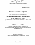 Юрина, Валентина Петровна. Стратегическое управление предпринимательскими структурами в рекреационной сфере: На примере Кавказских Минеральных Вод: дис. кандидат экономических наук: 08.00.05 - Экономика и управление народным хозяйством: теория управления экономическими системами; макроэкономика; экономика, организация и управление предприятиями, отраслями, комплексами; управление инновациями; региональная экономика; логистика; экономика труда. Ставрополь. 2005. 203 с.