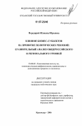 Передерий, Юлиана Юрьевна. Влияние бизнес-субъектов на принятие политических решений: сравнительный анализ общероссийского и регионального уровней: дис. кандидат политических наук: 23.00.02 - Политические институты, этнополитическая конфликтология, национальные и политические процессы и технологии. Краснодар. 2006. 194 с.