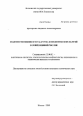 Григорьева, Людмила Александровна. Взаимоотношения государства и политических партий в современной России: дис. кандидат политических наук: 23.00.02 - Политические институты, этнополитическая конфликтология, национальные и политические процессы и технологии. Москва. 2009. 195 с.